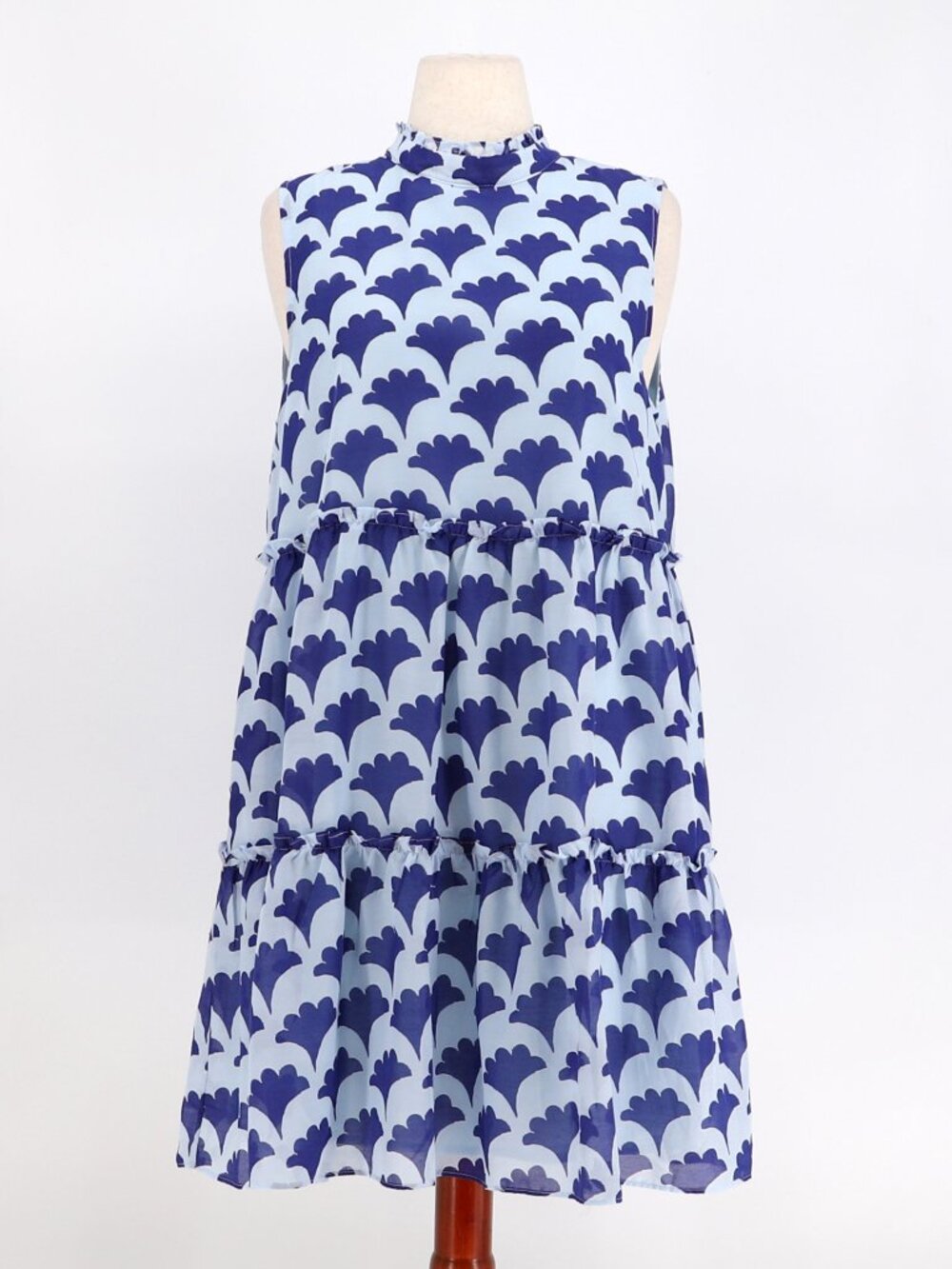 J.MARIE Blue Tiered Summer Dress Sleeveless Mock Neck Ruffleer Size L